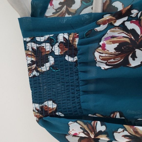 LOFT Floral Sheer Peasant Blouse Small Teal Brown Smocking Office Work Career - Picture 3 of 10